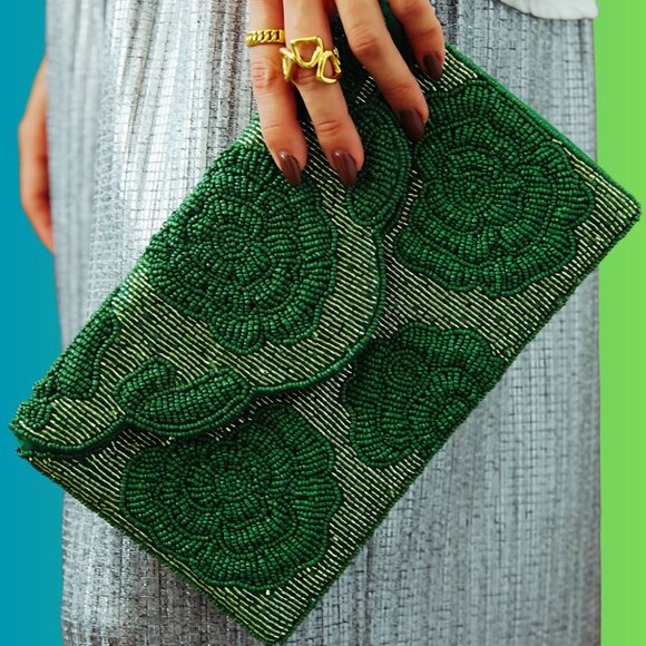 Handbags - Seed Beaded Rose Floral Green Clutch Crossbody Chain Handbag Bag NEW